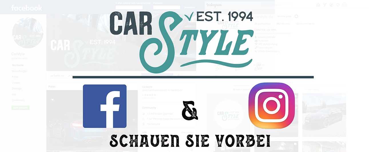 Logos Carstyle, Facebook und Instagram mit Schriftzug Schauen Sie vorbei
