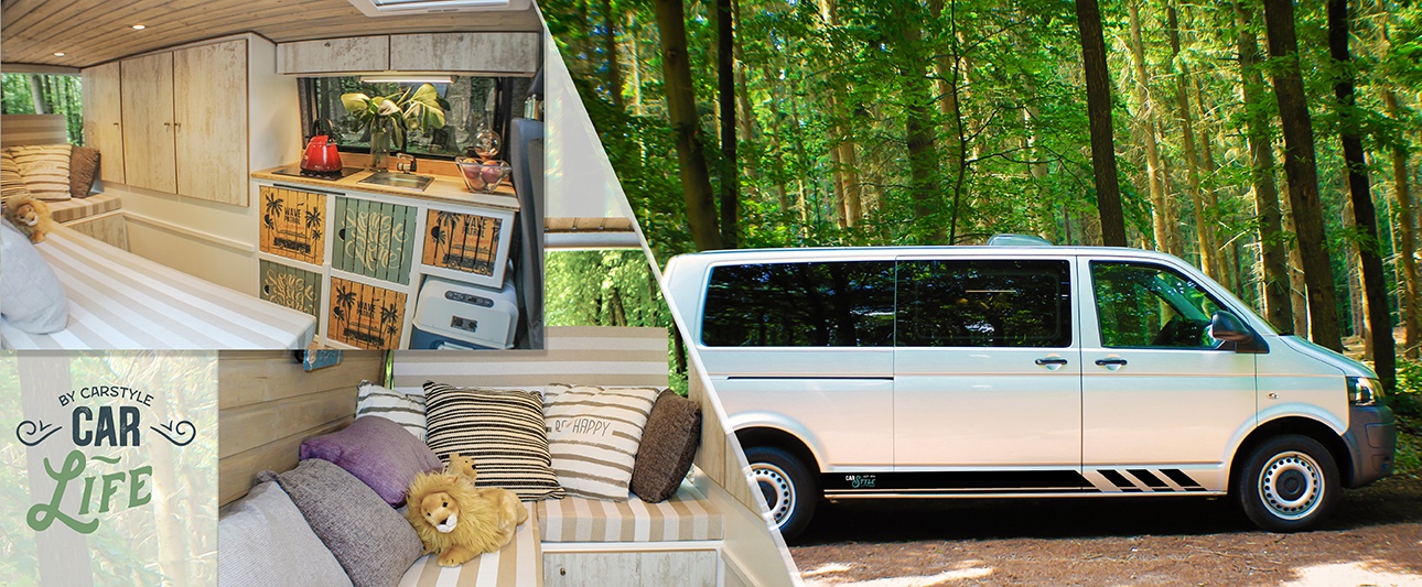 Collage aus Transporter, Innenraum-wohnausstattung und Logo Carstyle