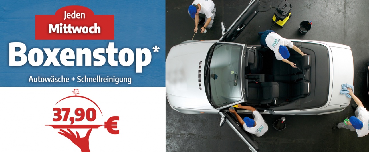 Angebot für Boxenstop. Ein Cabrio wird von 4 Männern innen und außen gereinigt